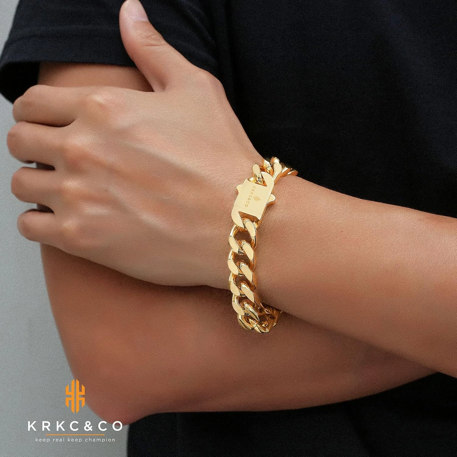 KRKC&CO 12/14mm Cuban Link Curb Bracelet for Men, 18K Gold Miami Bracelets, 𝐃𝐚𝐝 𝐆𝐢𝐟𝐭𝐬 𝐟𝐨𝐫 𝐅𝐚𝐭𝐡𝐞𝐫𝐬 𝐃𝐚𝐲, Durable Urban Street-wear Hip Hop