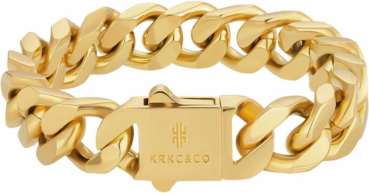 KRKC&CO 12/14mm Cuban Link Curb Bracelet for Men, 18K Gold Miami Bracelets, 𝐃𝐚𝐝 𝐆𝐢𝐟𝐭𝐬 𝐟𝐨𝐫 𝐅𝐚𝐭𝐡𝐞𝐫𝐬 𝐃𝐚𝐲, Durable Urban Street-wear Hip Hop