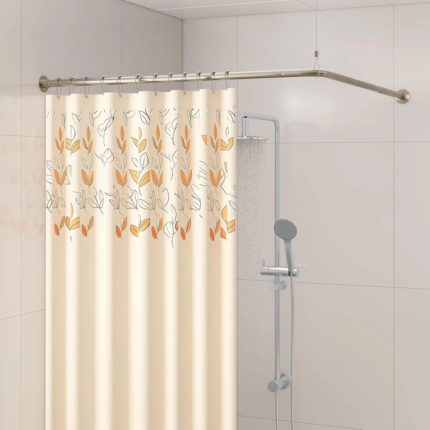 L Shaped Corner Shower Curtain Rod, 39" - 69" x 55" - 85" Adjustable 90 Degree Curved Bathroom Rod Square Rail No Sag with 12 Hooks & Ceiling Support - Silver