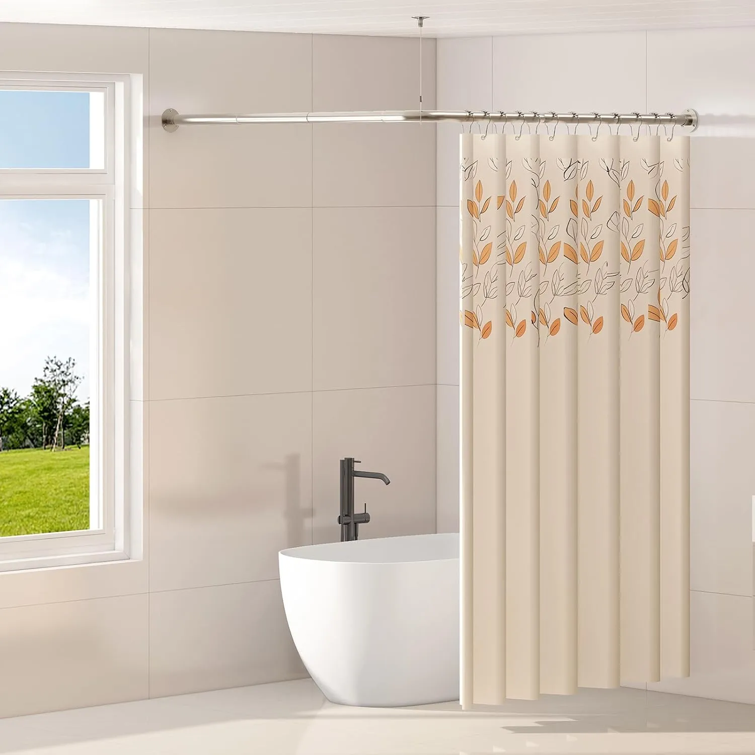 L Shaped Corner Shower Curtain Rod, 39" - 69" x 55" - 85" Adjustable 90 Degree Curved Bathroom Rod Square Rail No Sag with 12 Hooks & Ceiling Support - Silver