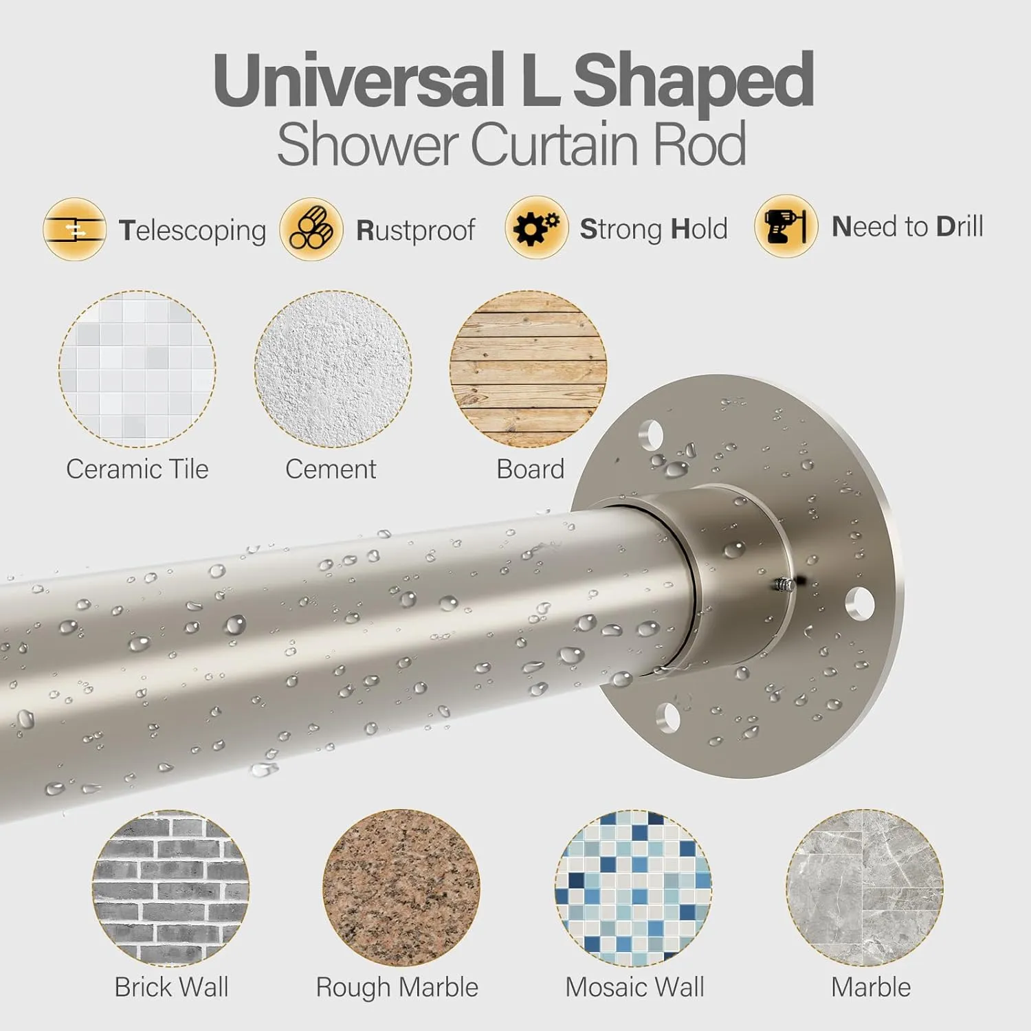 L Shaped Corner Shower Curtain Rod, 39" - 69" x 55" - 85" Adjustable 90 Degree Curved Bathroom Rod Square Rail No Sag with 12 Hooks & Ceiling Support - Silver