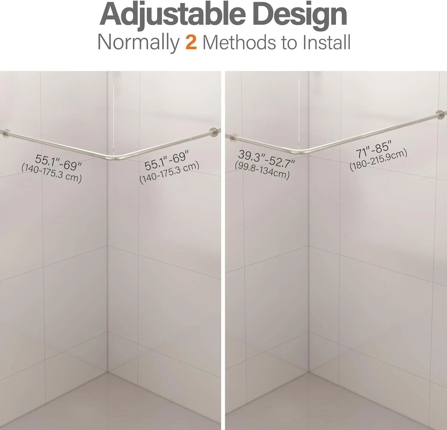 L Shaped Corner Shower Curtain Rod, 39" - 69" x 55" - 85" Adjustable 90 Degree Curved Bathroom Rod Square Rail No Sag with 12 Hooks & Ceiling Support - Silver