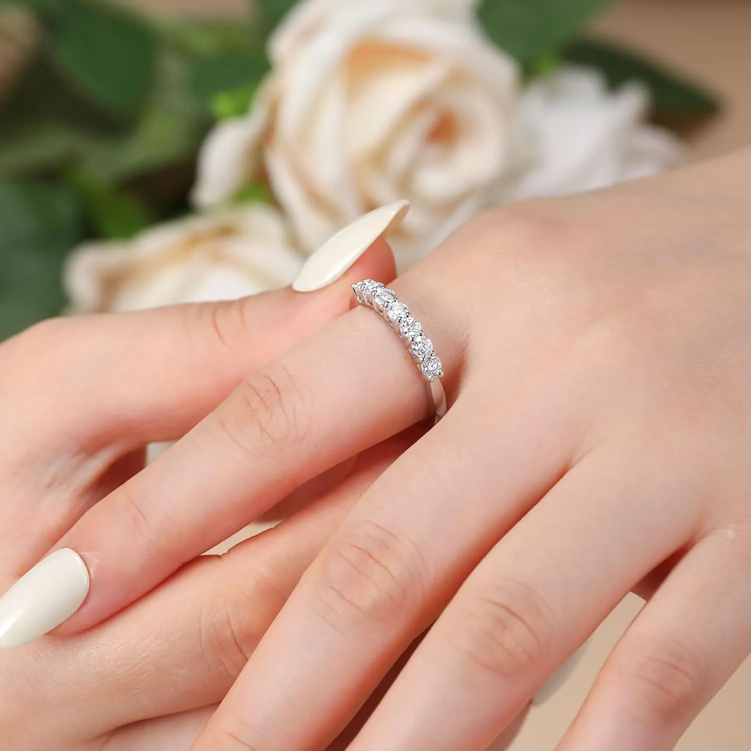 Ladylike Moissanite Wedding Band for Women 925 Sterling Silver Wedding Rings 0.7ct D Color VVS1 Lab Created Half Eternity Stackable Anniversary Rings for Her
