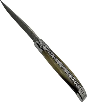 Laguiole en Aubrac Handcrafted Double Plates Folding Pocket Knife, 4.8-in (12cm), Solid Horn Handle, Multilayer Damascus Blade, Stainless Steel Shiny Bolsters