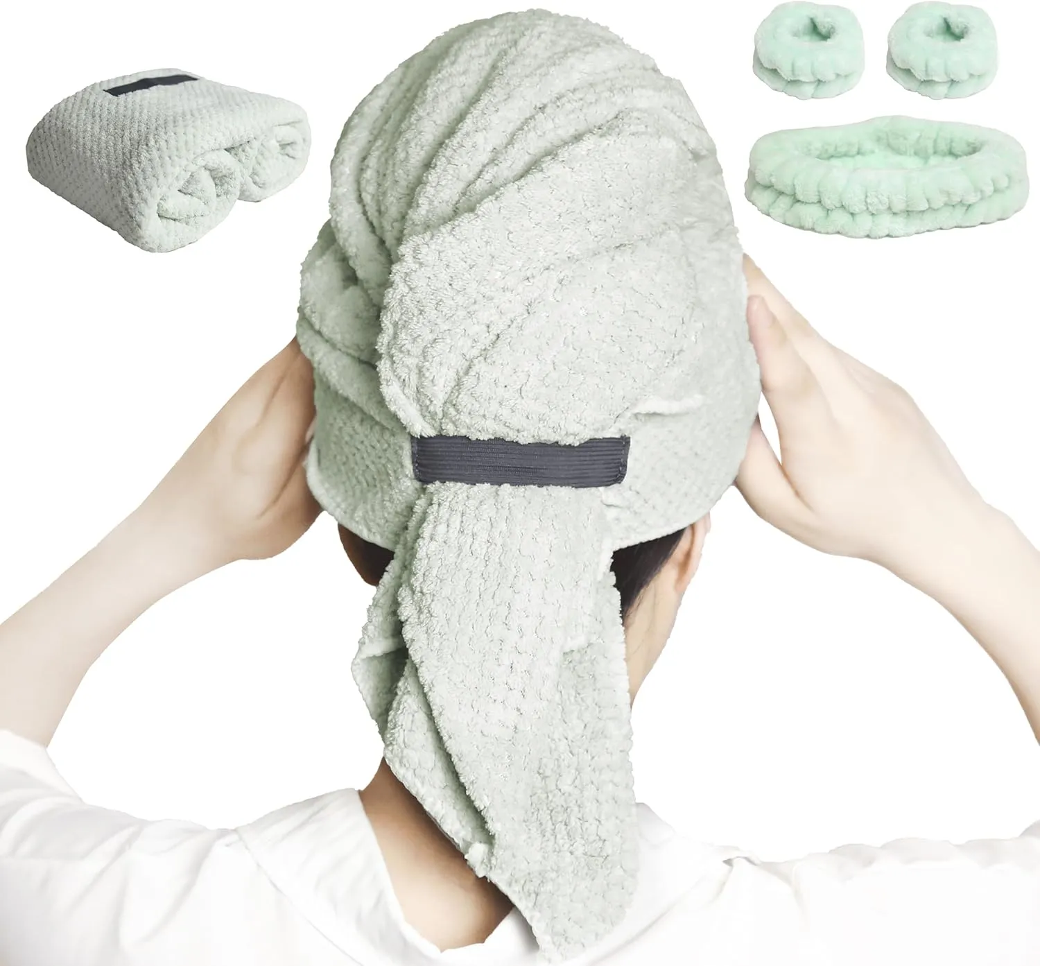 Large Microfiber Hair Towel with Spa Headband and Face Washing Wristbands Set| Super Absorbent, Anti-Frizz Hair Drying Towel for Wet, Long, Curly Hair, Light Green