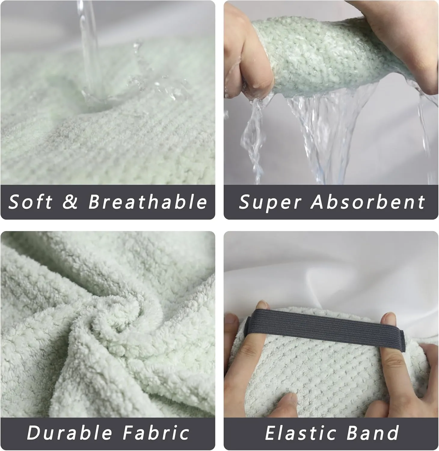 Large Microfiber Hair Towel with Spa Headband and Face Washing Wristbands Set| Super Absorbent, Anti-Frizz Hair Drying Towel for Wet, Long, Curly Hair, Light Green