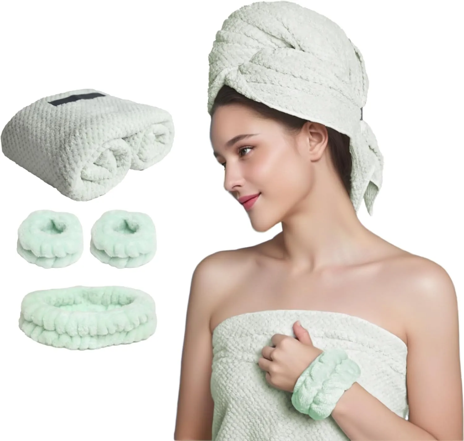 Large Microfiber Hair Towel with Spa Headband and Face Washing Wristbands Set| Super Absorbent, Anti-Frizz Hair Drying Towel for Wet, Long, Curly Hair, Light Green