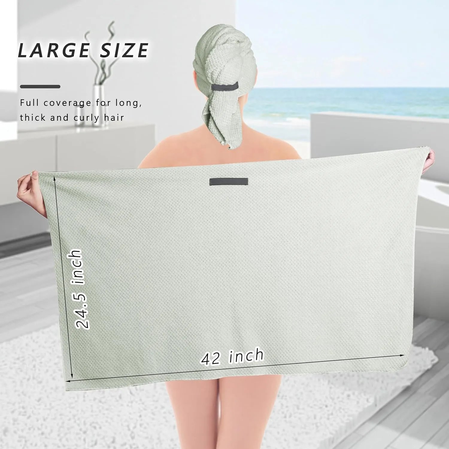 Large Microfiber Hair Towel with Spa Headband and Face Washing Wristbands Set| Super Absorbent, Anti-Frizz Hair Drying Towel for Wet, Long, Curly Hair, Light Green