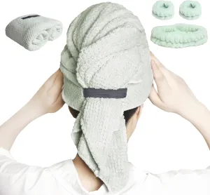 Large Microfiber Hair Towel with Spa Headband and Face Washing Wristbands Set| Super Absorbent, Anti-Frizz Hair Drying Towel for Wet, Long, Curly Hair, Light Green