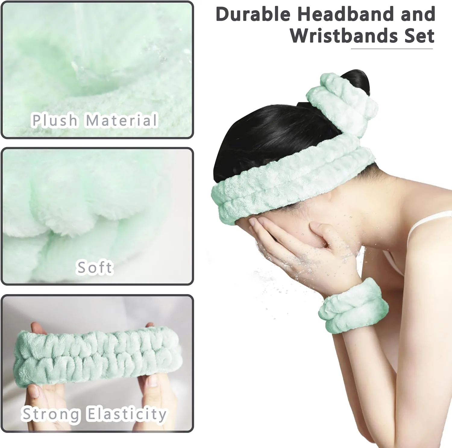 Large Microfiber Hair Towel with Spa Headband and Face Washing Wristbands Set| Super Absorbent, Anti-Frizz Hair Drying Towel for Wet, Long, Curly Hair, Light Green