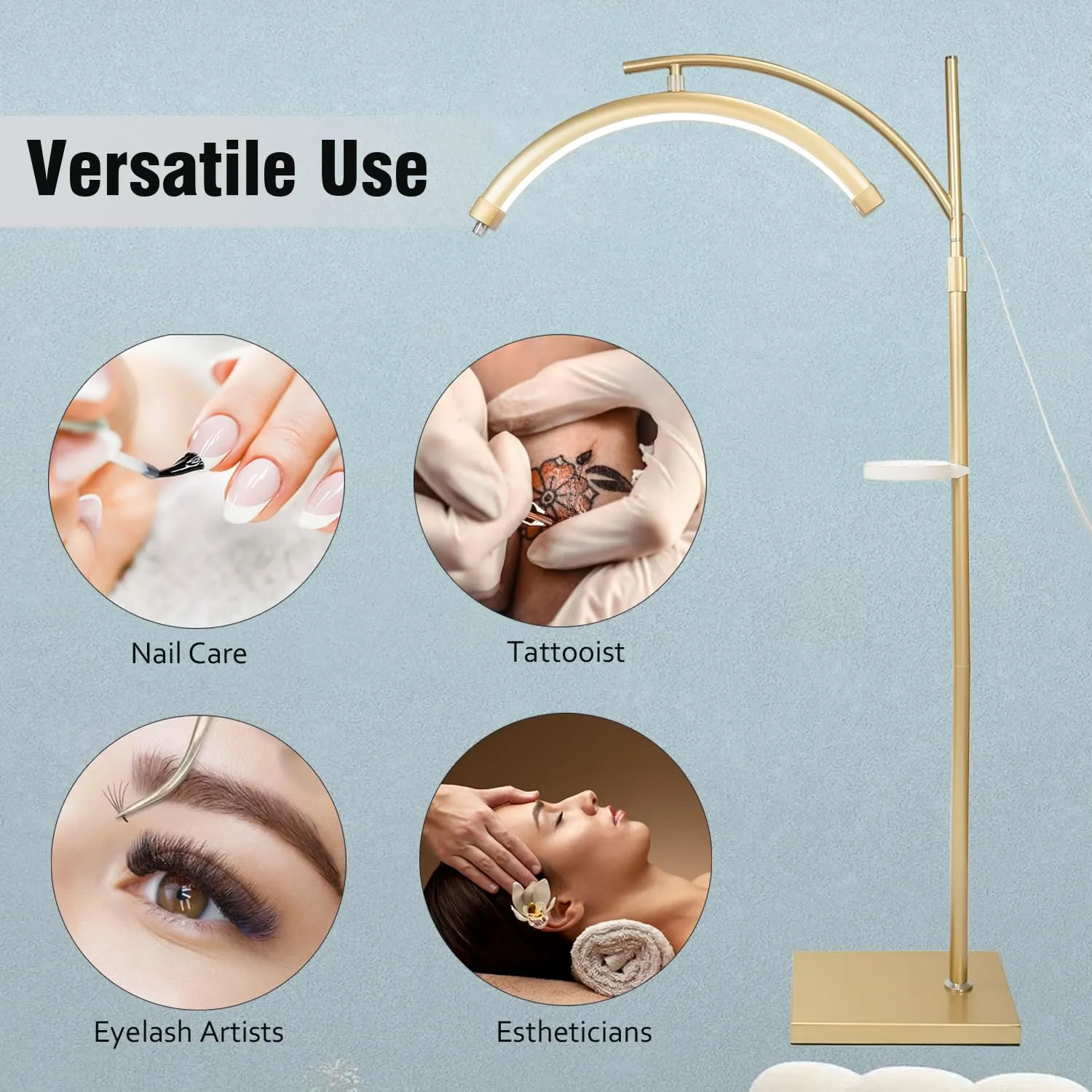 Lash Light Lamp for Eyelash Extensions LED Floor Half Moon Ring Lamp for Lash Extension Esthetician Light Tattoo, Nail Tech R Gold