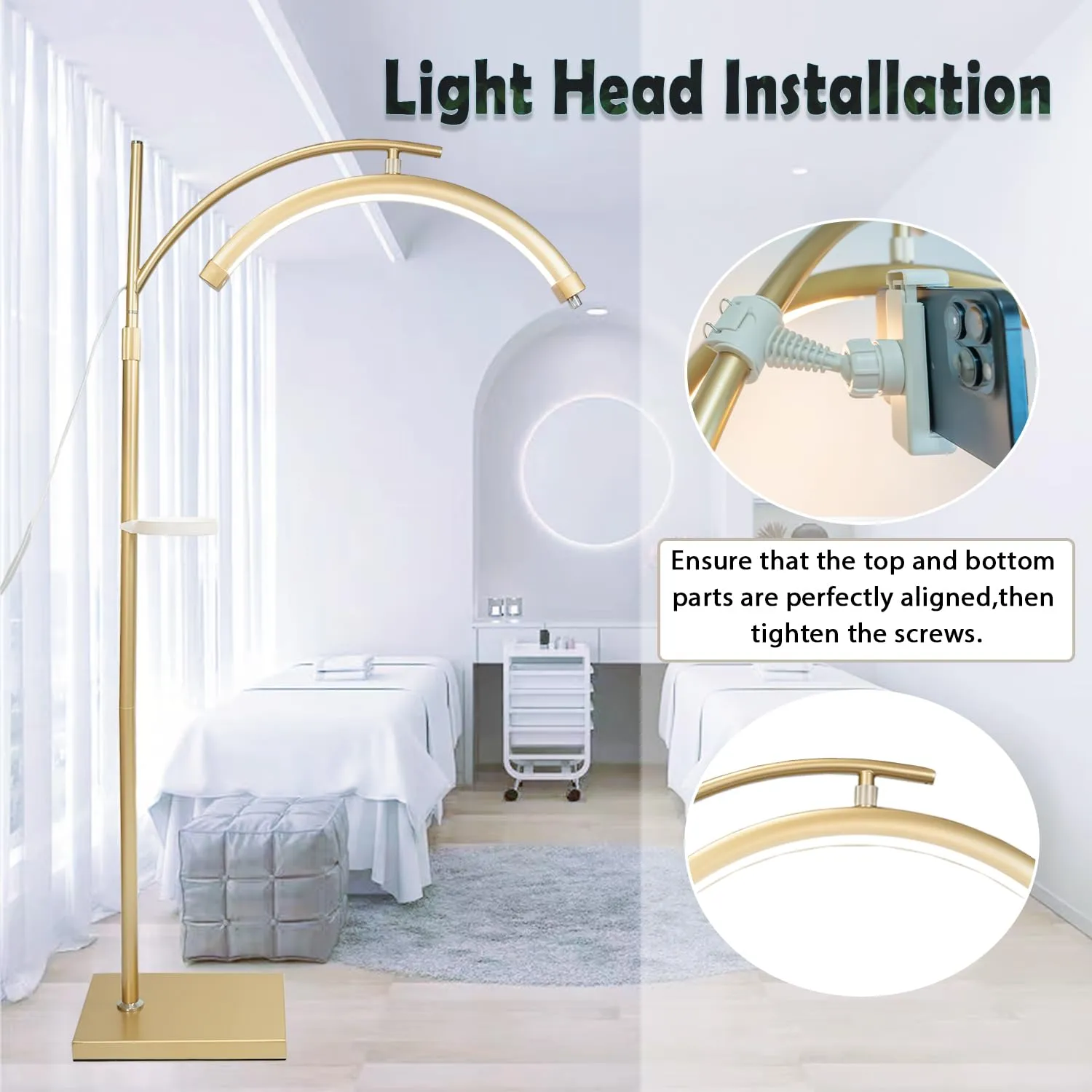 Lash Light Lamp for Eyelash Extensions LED Floor Half Moon Ring Lamp for Lash Extension Esthetician Light Tattoo, Nail Tech R Gold