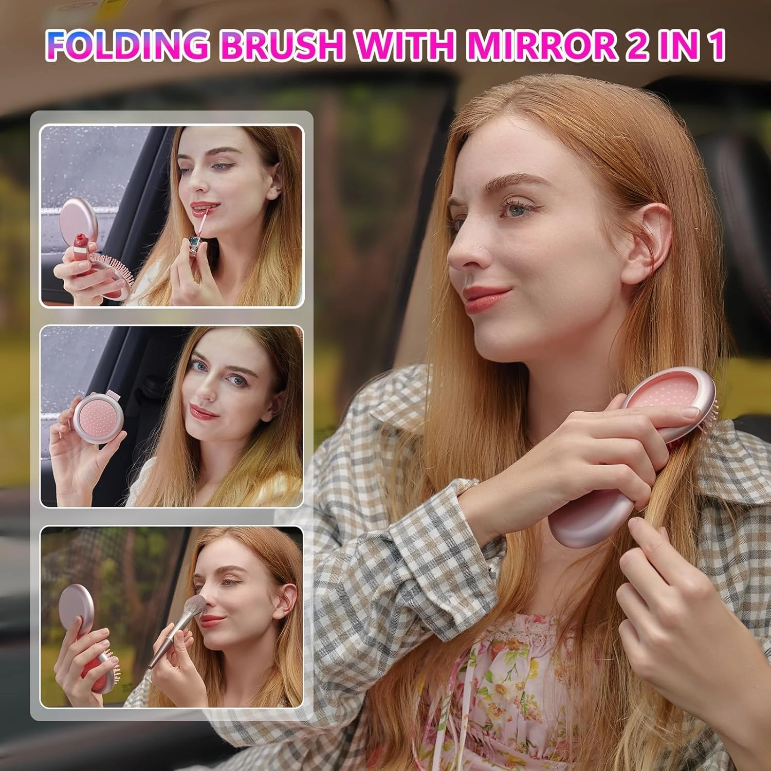 LCD Screen Cordless Hair Straightener Curler 2 in 1, Portable Mini Hair Straightening Brush for Travel Negative Ionic Fast Heating Hot Comb for Women, Folding Brush with Mirror, Green