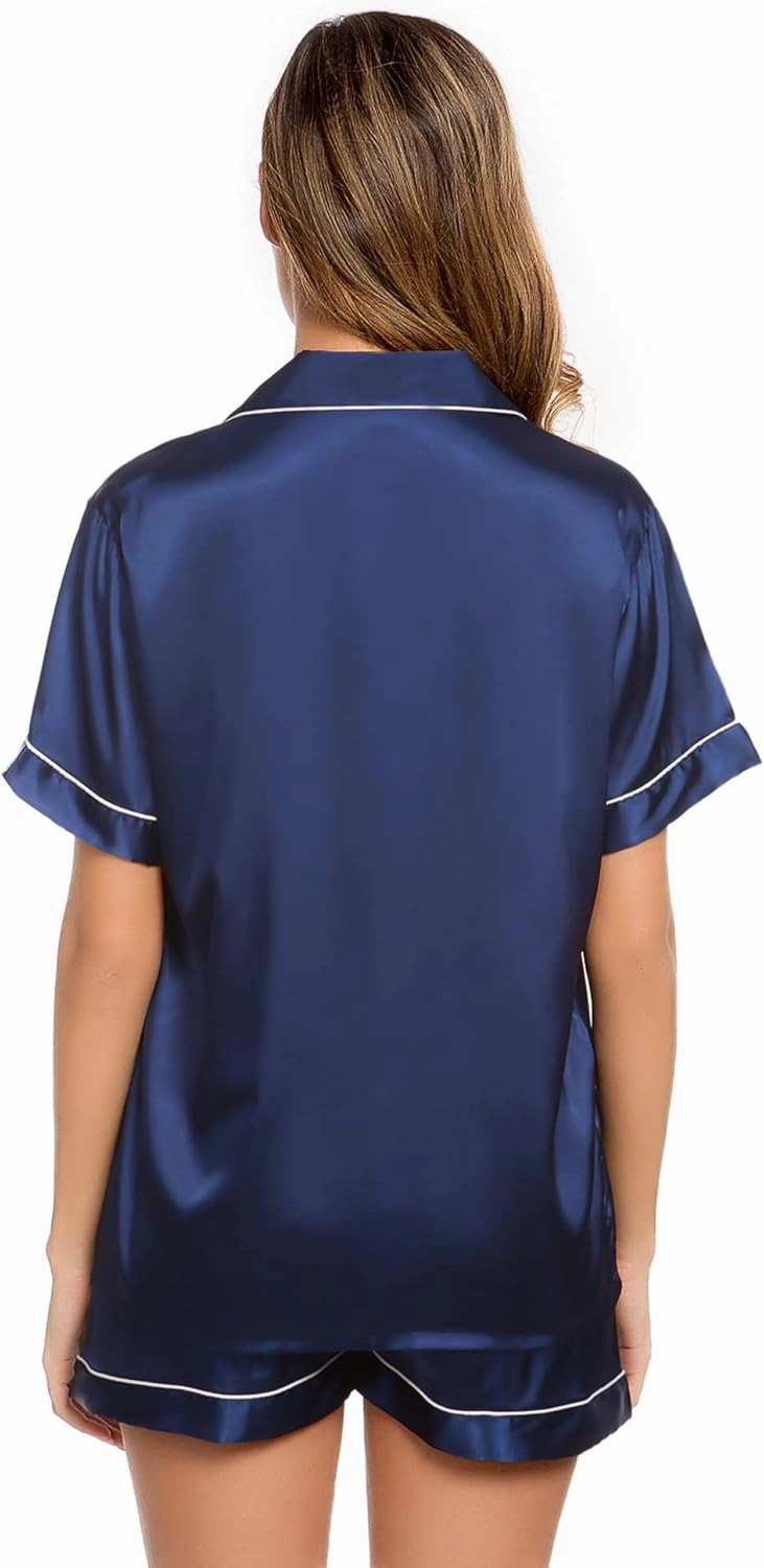 LecGee Womens Silk Satin Pajamas Short Sleeve Loungewear Two-Piece Sleepwear Button-Down Pj Set