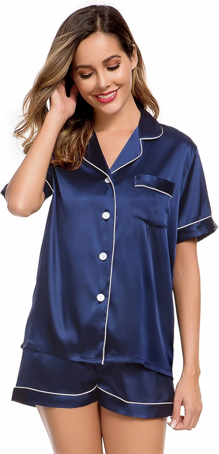 LecGee Womens Silk Satin Pajamas Short Sleeve Loungewear Two-Piece Sleepwear Button-Down Pj Set