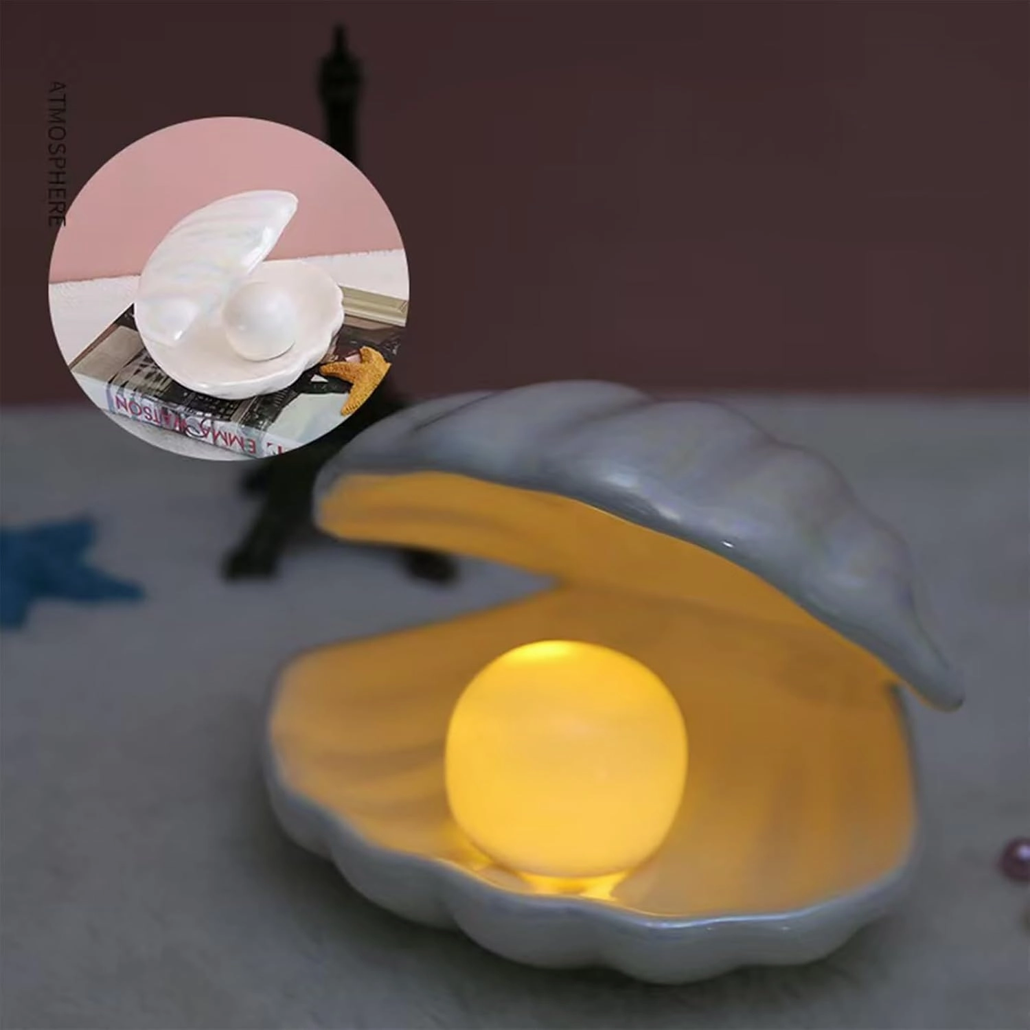 LED Ceramic Shell Pearl Light, Portable Ocean-Inspired Night Light Tabletop Light, Streamer Fairy Shell Night Lamp for Bedside Living Room Home Decoration (White)