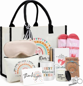 Leinuosen 12 Pcs Volunteer Appreciation Gifts Set for Women Trapezoid Grocery Canvas Tote Bag with Handle Makeup Bag Mug Scented Candle Novelty Socks for Volunteer Month Gift Basket Stuffer Supplies