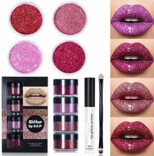 LELEBEAR Glitter Lip Kit Liquid Lipstick Set, Glitter Lip Kit Stay Golden, 4 Color Diamond Glitter Metallic Lipstick Waterproof and Long-Lasting Set (Red Set)