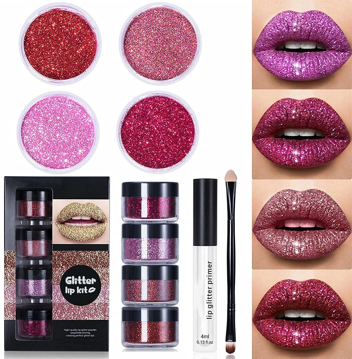 LELEBEAR Glitter Lip Kit Liquid Lipstick Set, Glitter Lip Kit Stay Golden, 4 Color Diamond Glitter Metallic Lipstick Waterproof and Long-Lasting Set (Red Set)