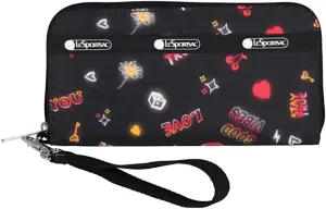 LeSportsac Stay True Tech Wallet Wristlet, Zip Around Wallet/Detachable Wristlet Strap, Holds Cell Phone, Style 3462/Color E481, Empowering Pop Art Style Words: Be You, Stay True, Shine   Hearts