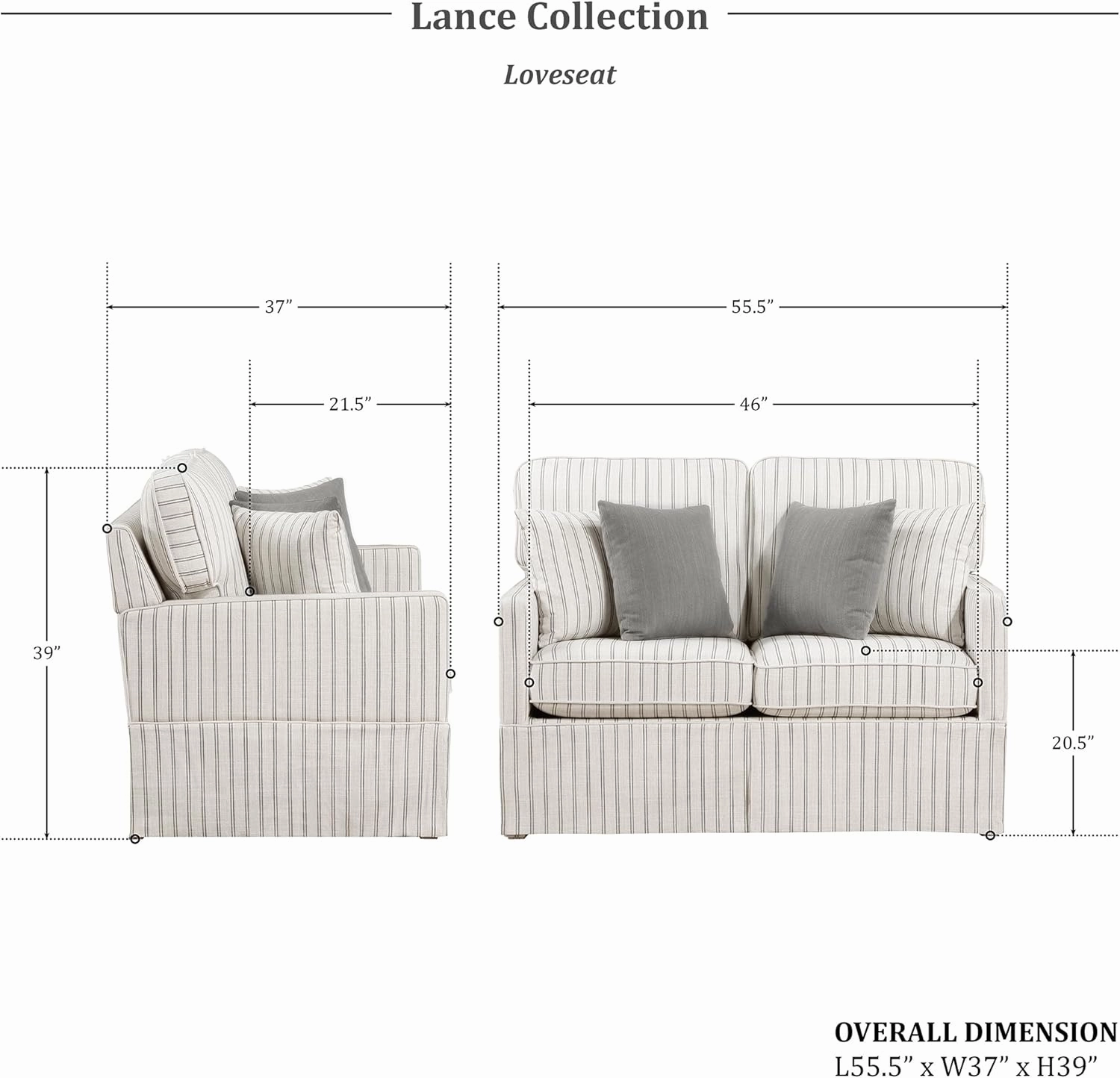Lexicon Modern Sofa Couch for Living Room Sofas with Solid Wood Frame, Square Arm and 4 Accent Pillows, Small Couch for Bedroom/Living Room/Office/Apartment, 2 Seater Couch, White with Stripe