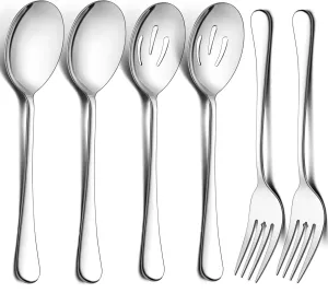 LIANYU Large Serving Spoons and Forks Set of 12, Stainless Steel Buffet Catering Dinner Party Slotted Serving Spoon Fork, 9.8 Inch, Mirror Finished, Dishwasher Safe