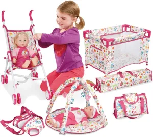 Liberty Imports 5-in-1 Deluxe Newborn Baby Doll Stroller Nursery Playset with Play Mat, Playard, Baby Carrier, and Travel Bag (Doll Included)