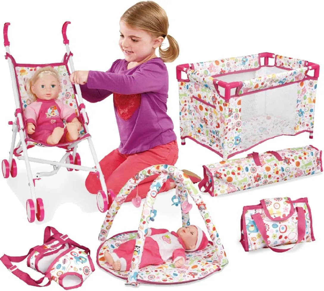 Liberty Imports 5-in-1 Deluxe Newborn Baby Doll Stroller Nursery Playset with Play Mat, Playard, Baby Carrier, and Travel Bag (Doll Included)
