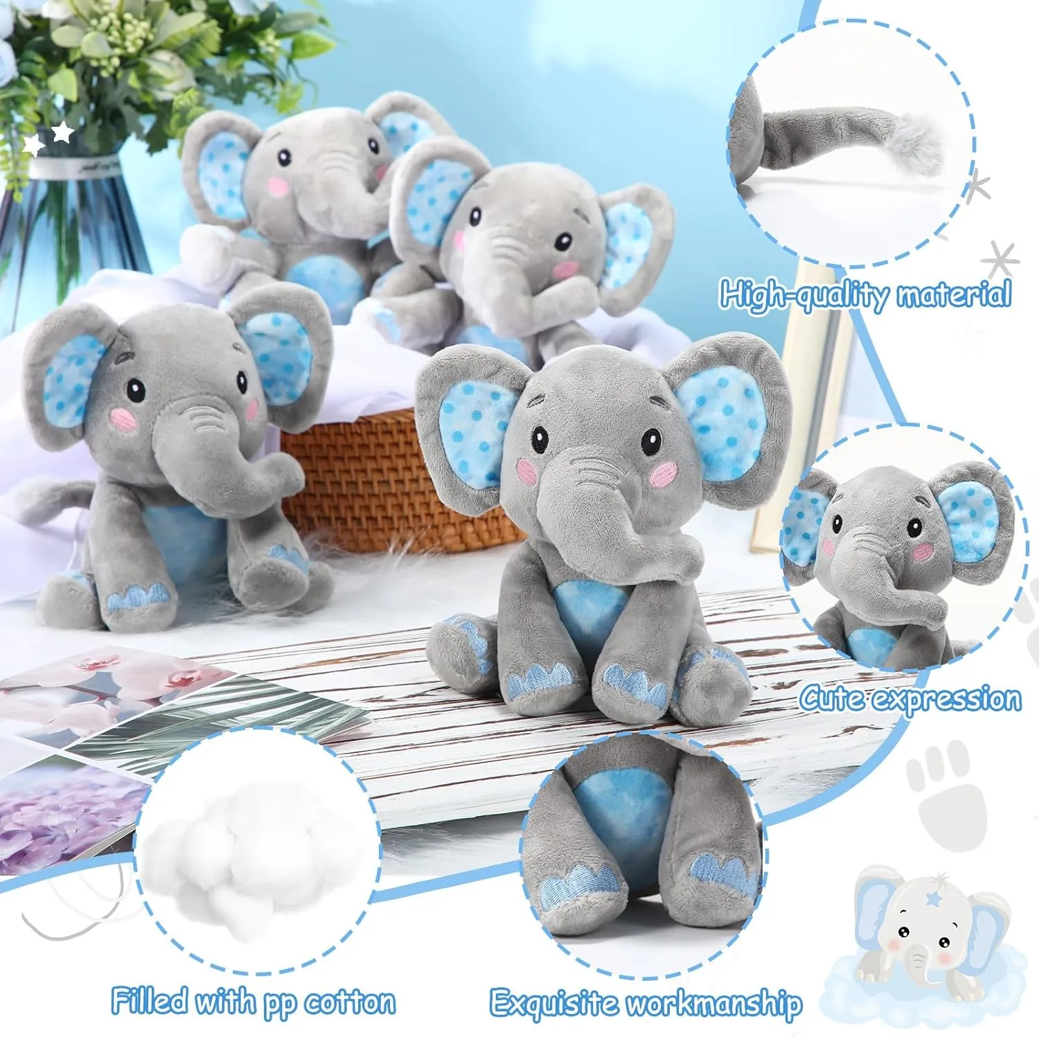 Libima 4 Pcs Small Elephant Stuffed Animals Bulk 6 Inch Cute Elephant Plush Sets Soft Cuddly Stuffed Animals for Boys Girls Baby Birthday Baby Shower Gender Reveal Party Supplies Decor(Blue)