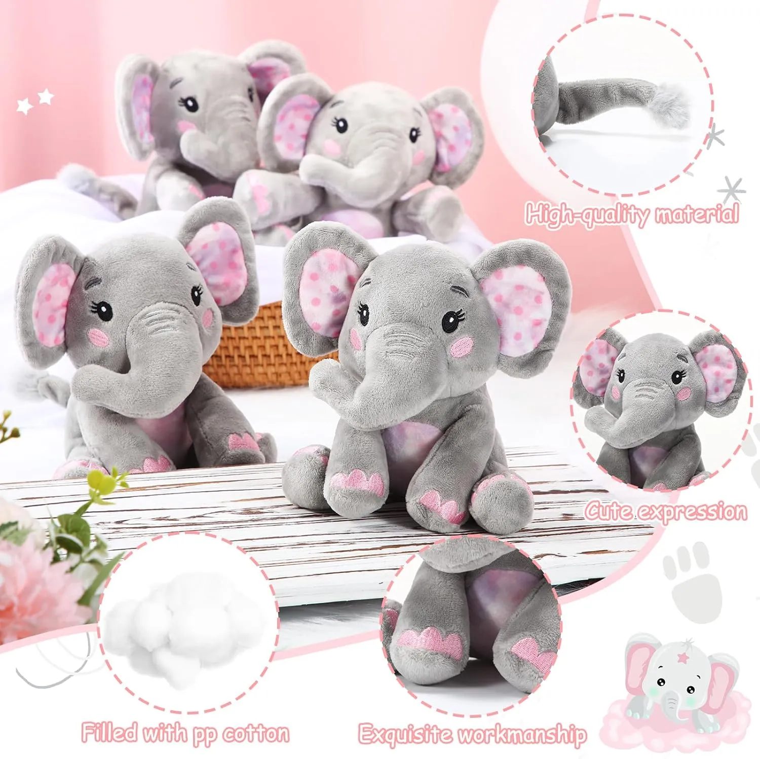 Libima 4 Pcs Small Elephant Stuffed Animals Bulk 6 Inch Cute Elephant Plush Sets Soft Cuddly Stuffed Animals for Boys Girls Baby Birthday Baby Shower Gender Reveal Party Supplies Decor(Pink)