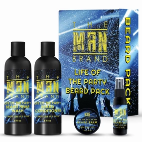Life of the Party Beard Pack for Men by The Man Brand - Includes 8 oz Hemp Wash, 1 oz Beard Oil, 1 oz Beard Balm, 8 oz Beard Conditioner - Life of the Party Beard Grooming Kit