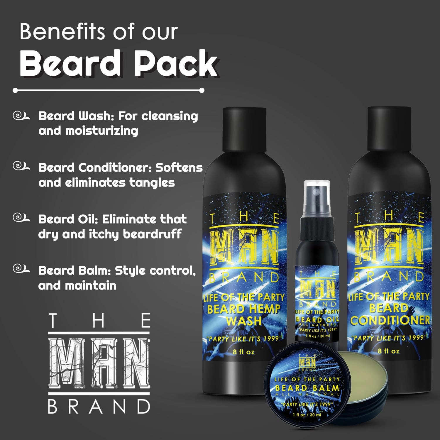 Life of the Party Beard Pack for Men by The Man Brand - Includes 8 oz Hemp Wash, 1 oz Beard Oil, 1 oz Beard Balm, 8 oz Beard Conditioner - Life of the Party Beard Grooming Kit