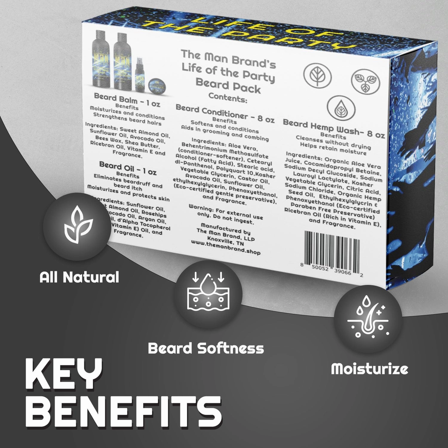 Life of the Party Beard Pack for Men by The Man Brand - Includes 8 oz Hemp Wash, 1 oz Beard Oil, 1 oz Beard Balm, 8 oz Beard Conditioner - Life of the Party Beard Grooming Kit