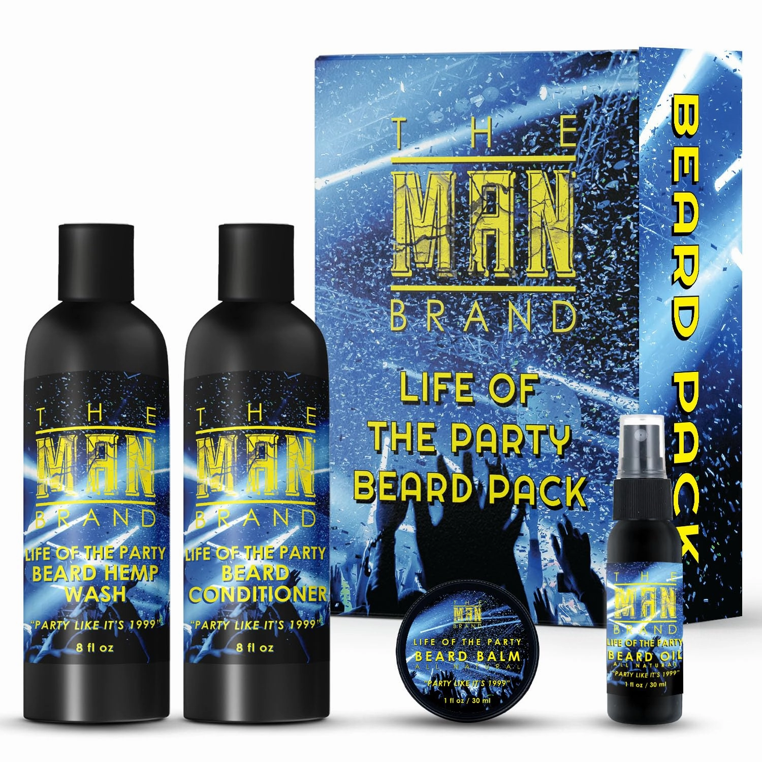 Life of the Party Beard Pack for Men by The Man Brand - Includes 8 oz Hemp Wash, 1 oz Beard Oil, 1 oz Beard Balm, 8 oz Beard Conditioner - Life of the Party Beard Grooming Kit