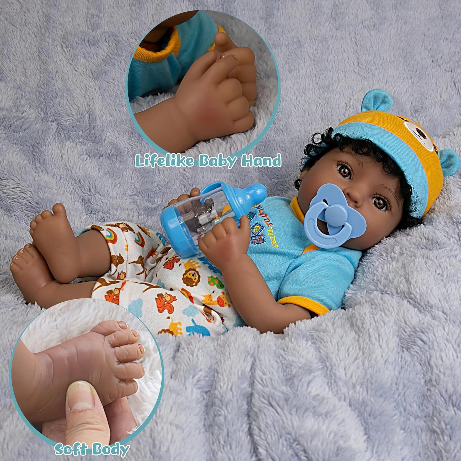 Lifelike Reborn Baby Doll 18-Inch American African Baby Boy Newborn Baby Doll Soft Cloth Body Real Life Baby Dolls for Kids 3 , Complete with Clothes and Toy Accessories