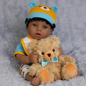 Lifelike Reborn Baby Doll 18-Inch American African Baby Boy Newborn Baby Doll Soft Cloth Body Real Life Baby Dolls for Kids 3 , Complete with Clothes and Toy Accessories