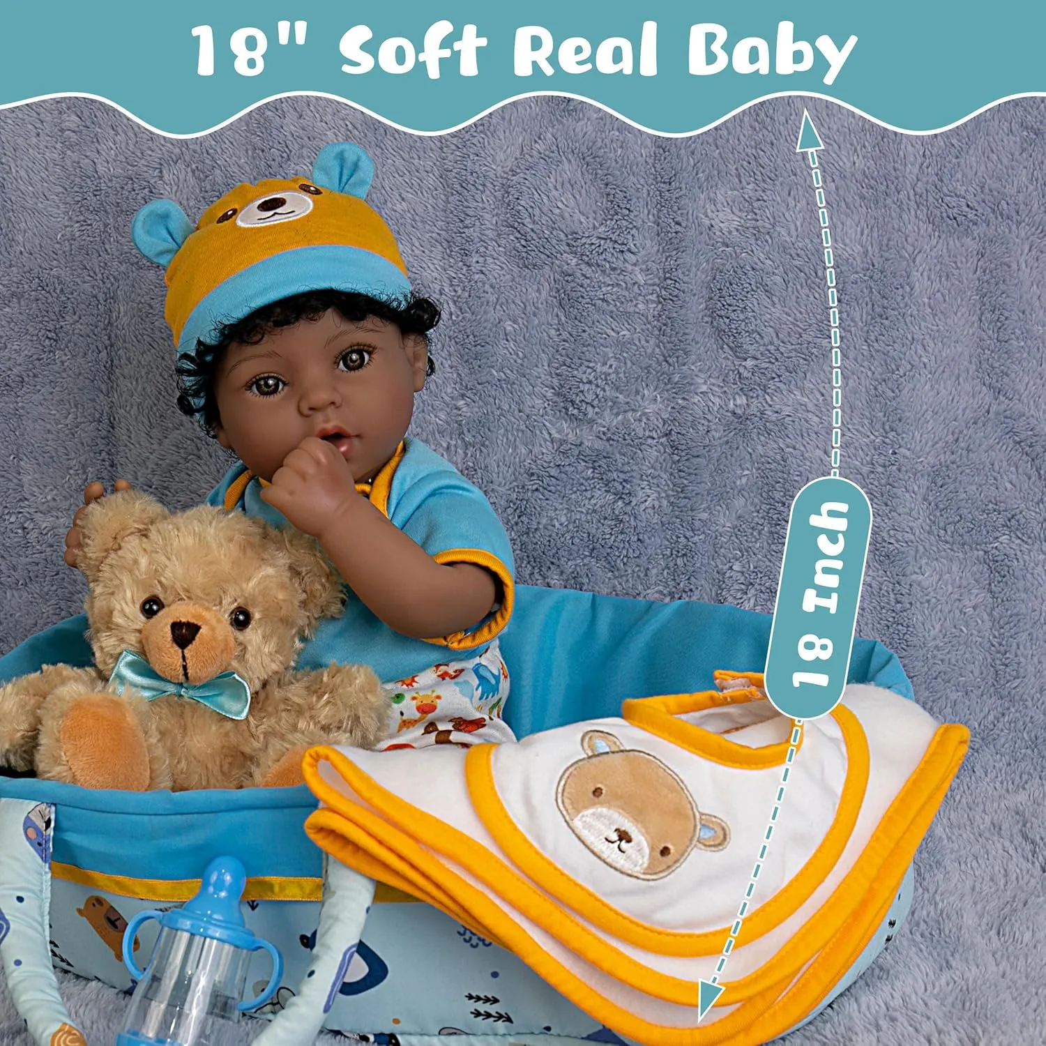 Lifelike Reborn Baby Doll 18-Inch American African Baby Boy Newborn Baby Doll Soft Cloth Body Real Life Baby Dolls for Kids 3 , Complete with Clothes and Toy Accessories