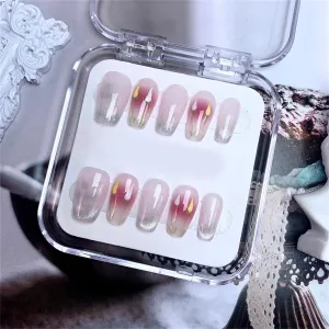 Light Luxury Handmade Nails Shiny Blush Coffin Press on Nails French Tips Nail Art Decoration for Women and Girls Manicure 10PCS (M)