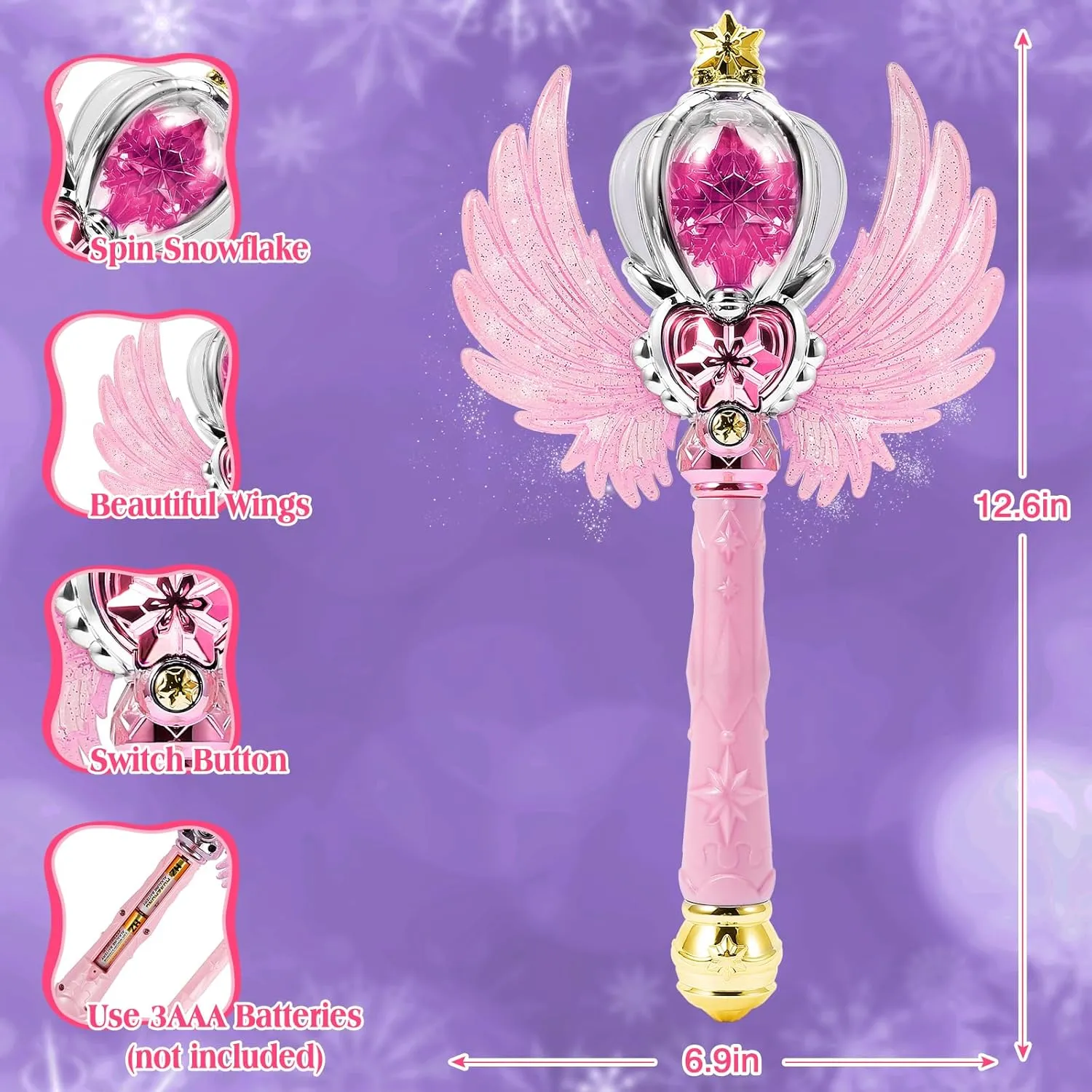 Light Up Snowflake Wand with Spinning LEDs and Sound Magic Princess Toys for Kids Girls Birthday Cosplay Party Favors, Pink