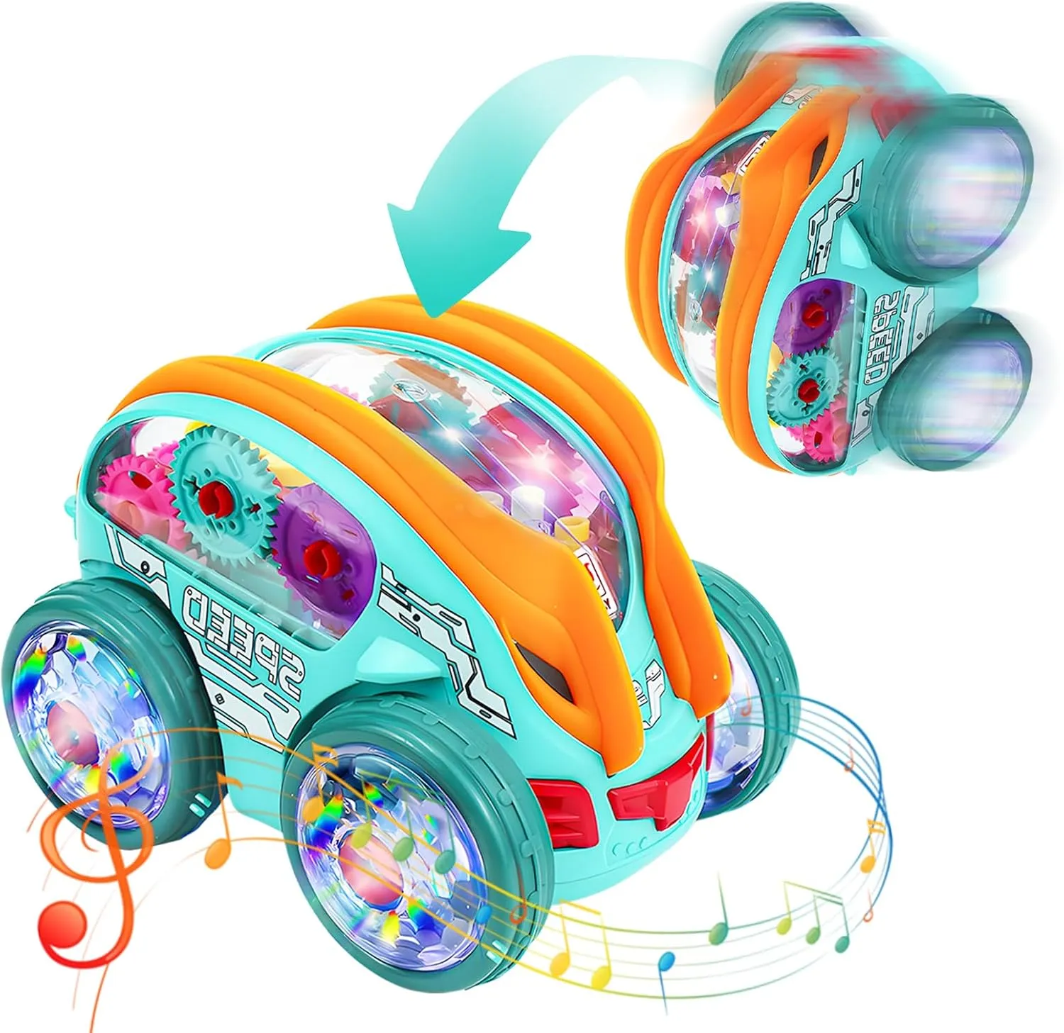 Light Up Transparent Sensory Car Toys,360° Standing Rotation Roll Go Toy Car with Colorful Moving Gears,Music and LED Effects,Educational Toys for Kids,Birthday Gifts for Boys Girls Age 1 2 3 4 Years