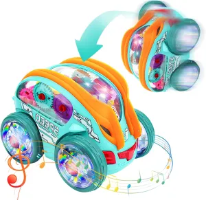 Light Up Transparent Sensory Car Toys,360° Standing Rotation Roll Go Toy Car with Colorful Moving Gears,Music and LED Effects,Educational Toys for Kids,Birthday Gifts for Boys Girls Age 1 2 3 4 Years