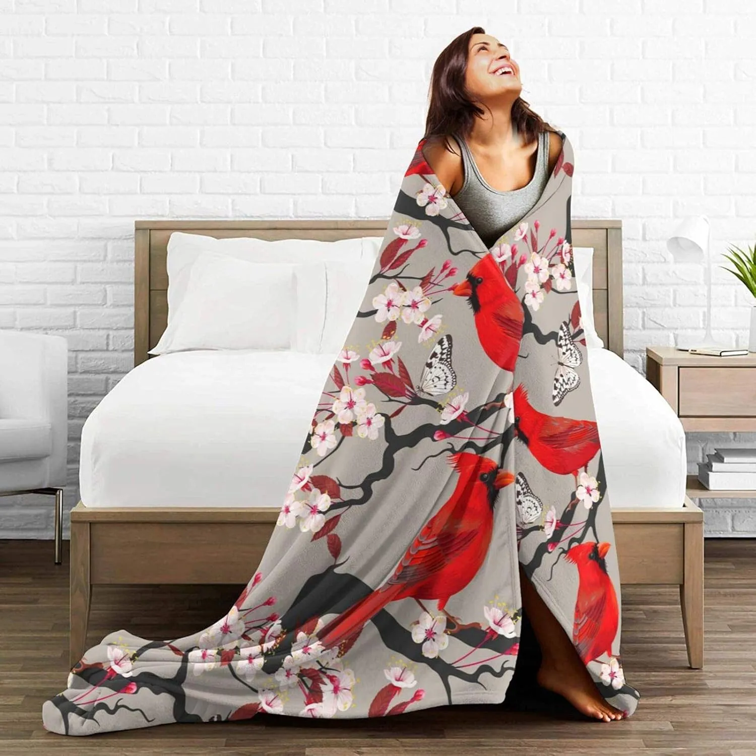 Lightweight Microfiber Plush Throw Blanket Air Conditioner for Couch Bed Sofa Travel All Seasons… (Cardinals Birds Cherry Flowers, 40"×50")