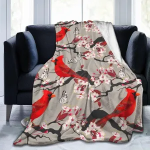 Lightweight Microfiber Plush Throw Blanket Air Conditioner for Couch Bed Sofa Travel All Seasons… (Cardinals Birds Cherry Flowers, 40"×50")