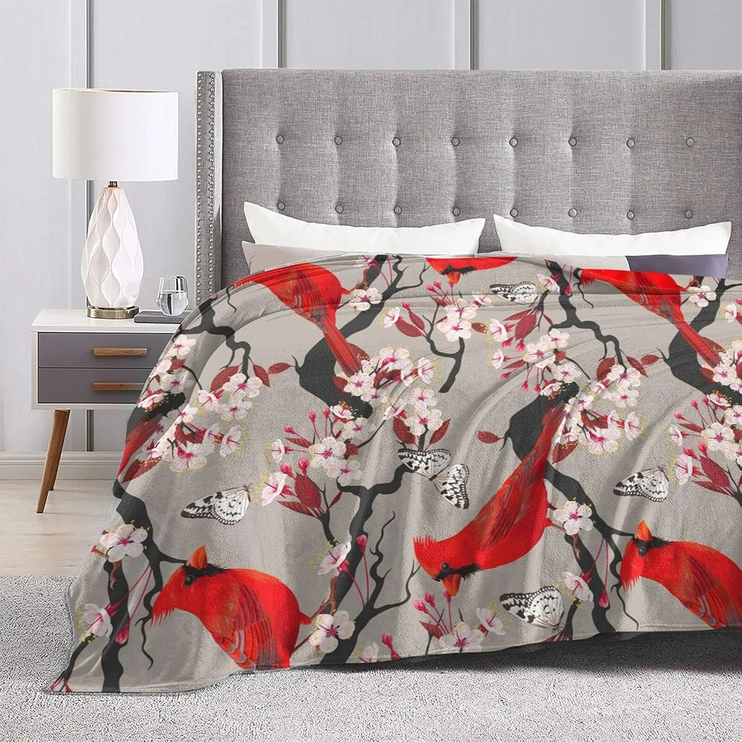 Lightweight Microfiber Plush Throw Blanket Air Conditioner for Couch Bed Sofa Travel All Seasons… (Cardinals Birds Cherry Flowers, 40"×50")
