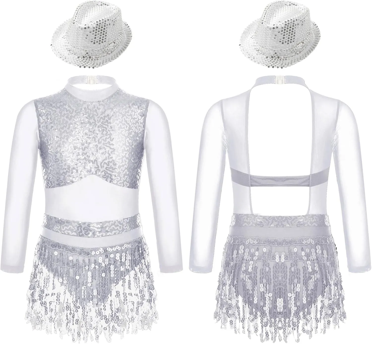 Linjinx Girls Shiny Long Sleeve Latin Dance Tassel Hem Dress with Hat Kids Leotard Samba Salsa Dance Ballroom Costumes