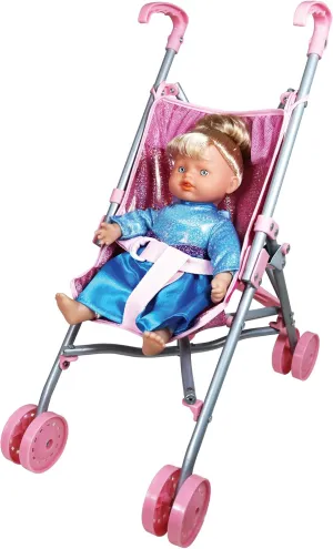Lissi: Doll Stroller Set: 12" Princess Ella Doll - Blue Gown, Regal Crown, Easy to Fold & Store Stroller, Nurturing Pretend Play Toy, Kids Ages 3 