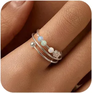 LOVECOM 14K Gold Plated Filled Fidget Rings With Opal S925 Sterling Silver Adjustable Open Anxiety Ring for Women Cute Stress Relieving Spinner Ring With Beads Jewelry Christmas Gifts for Mom