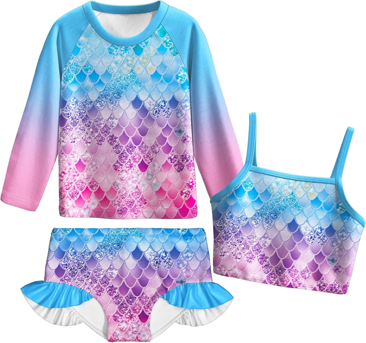 LQSZ Girls Rash Guard Sets 3 Pieces Long Sleeve Swimsuits Set UPF 50  Sun Proction Bathing Suit for 3-12Y