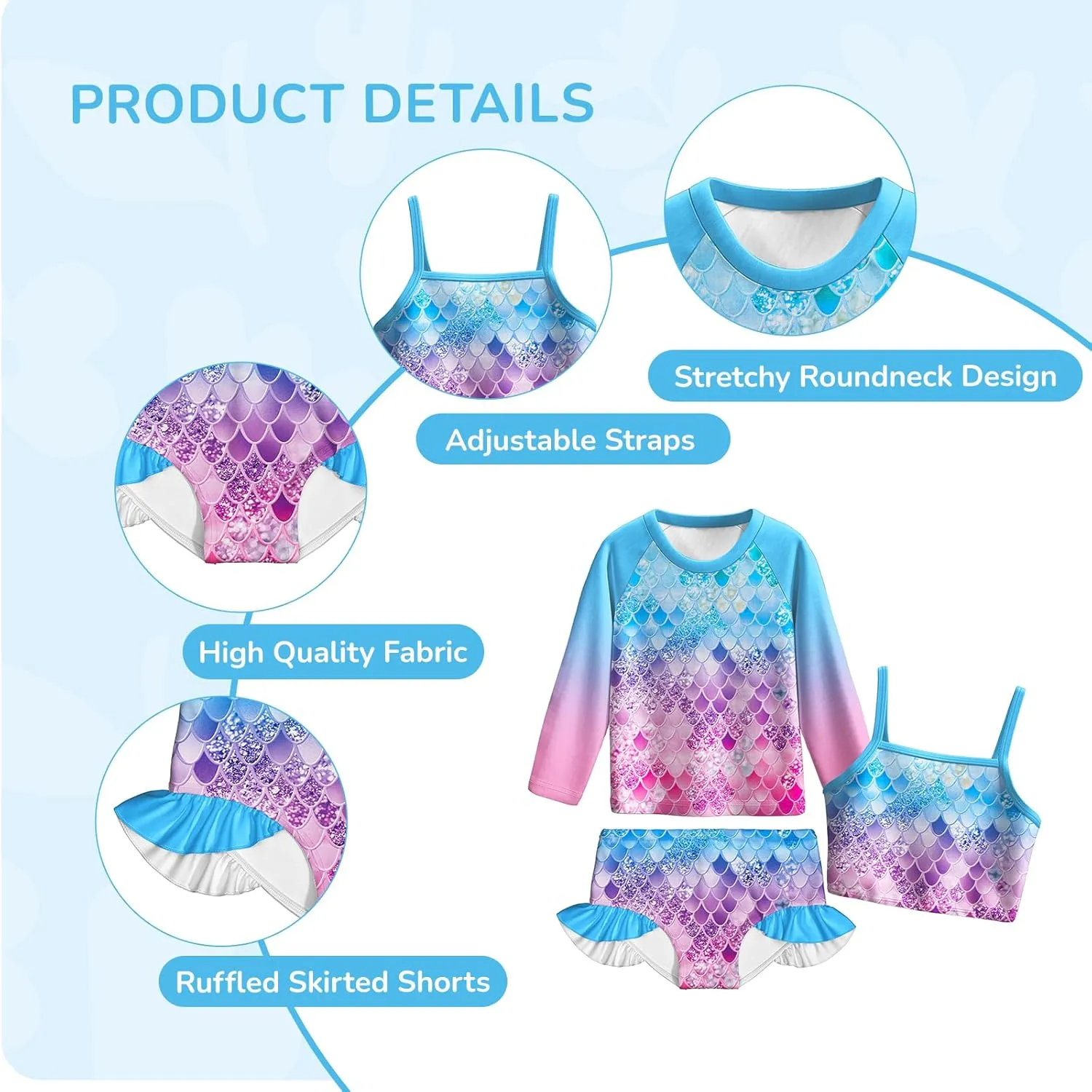LQSZ Girls Rash Guard Sets 3 Pieces Long Sleeve Swimsuits Set UPF 50  Sun Proction Bathing Suit for 3-12Y