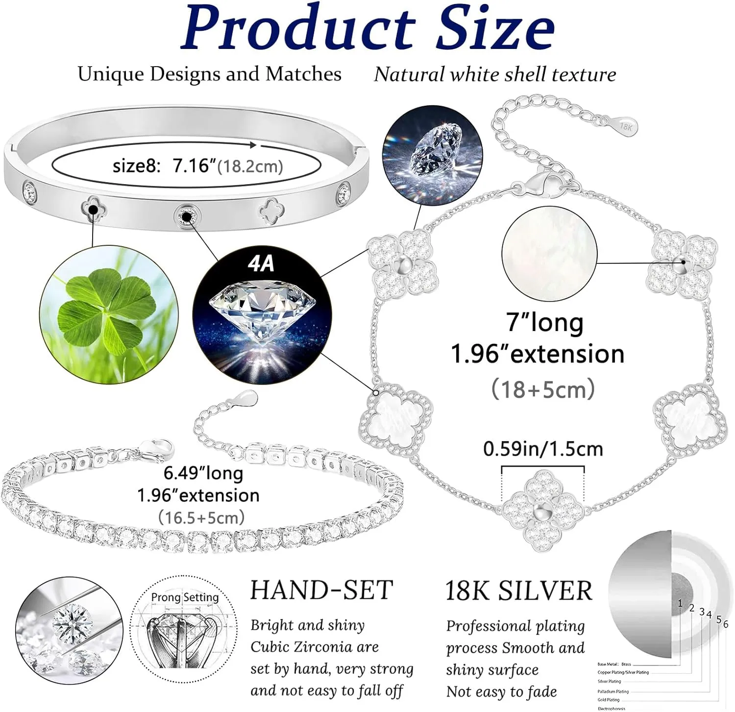 Lucky Four Leaf Bracelets Set - Silver Plated Cubic Zirconia Bangle for Women